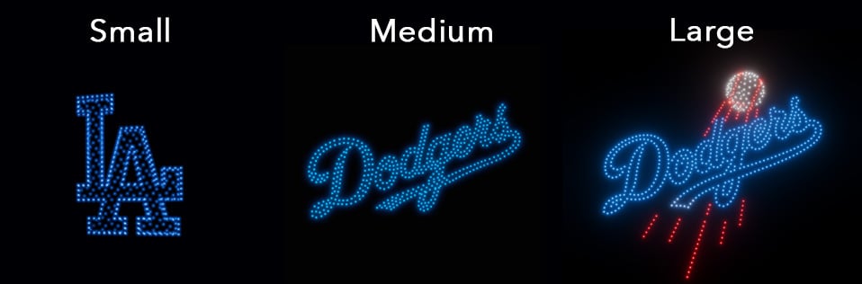 Comparison of different drone show sizes for the LA Dodgers Logo