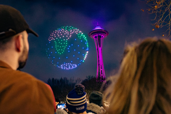Drone light show portraying Earth in Seattle