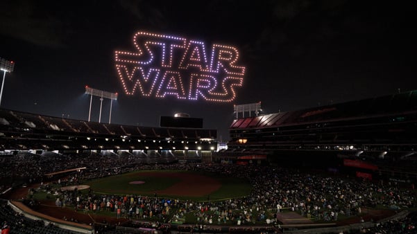 Star Wars opening credit crawl with 500 drones
