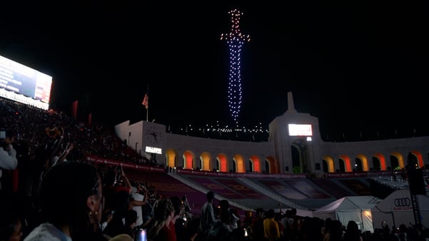 USC drone show made up of 200 drones over LA Memorial Coliseum. University drone show.