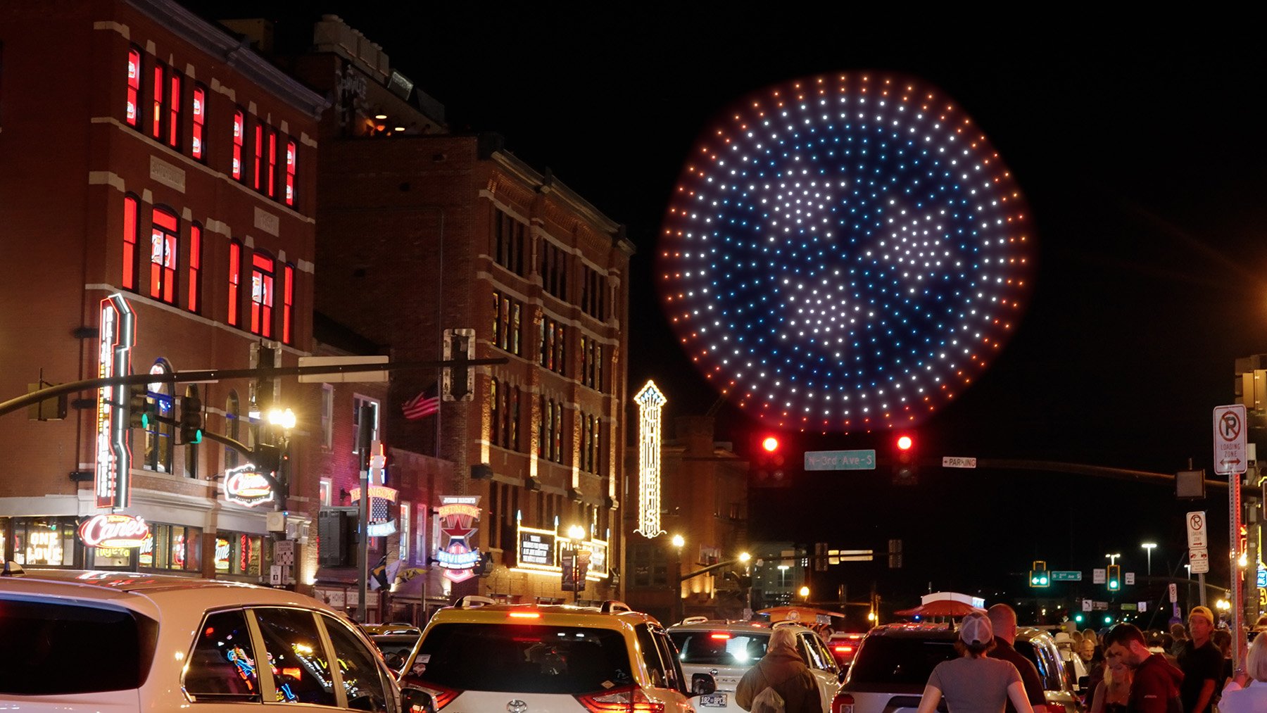 a drone show shows the Tennessee stars over the streets of Broadway in Nashville