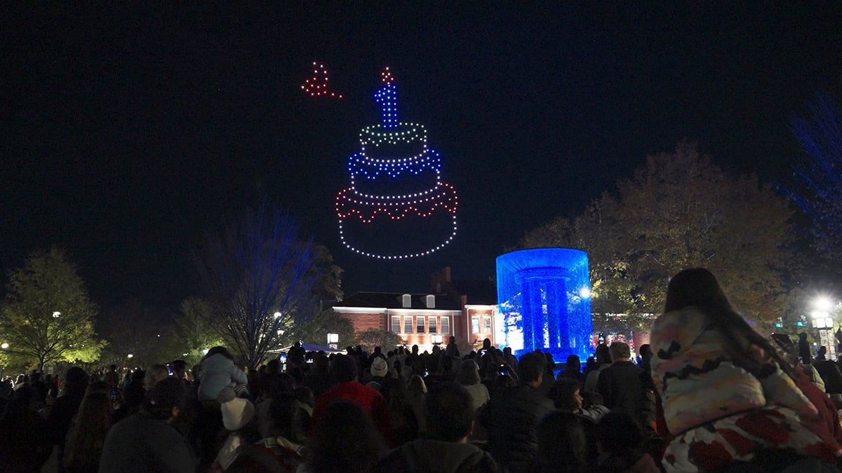 a drone show above a park showing a birthday cake