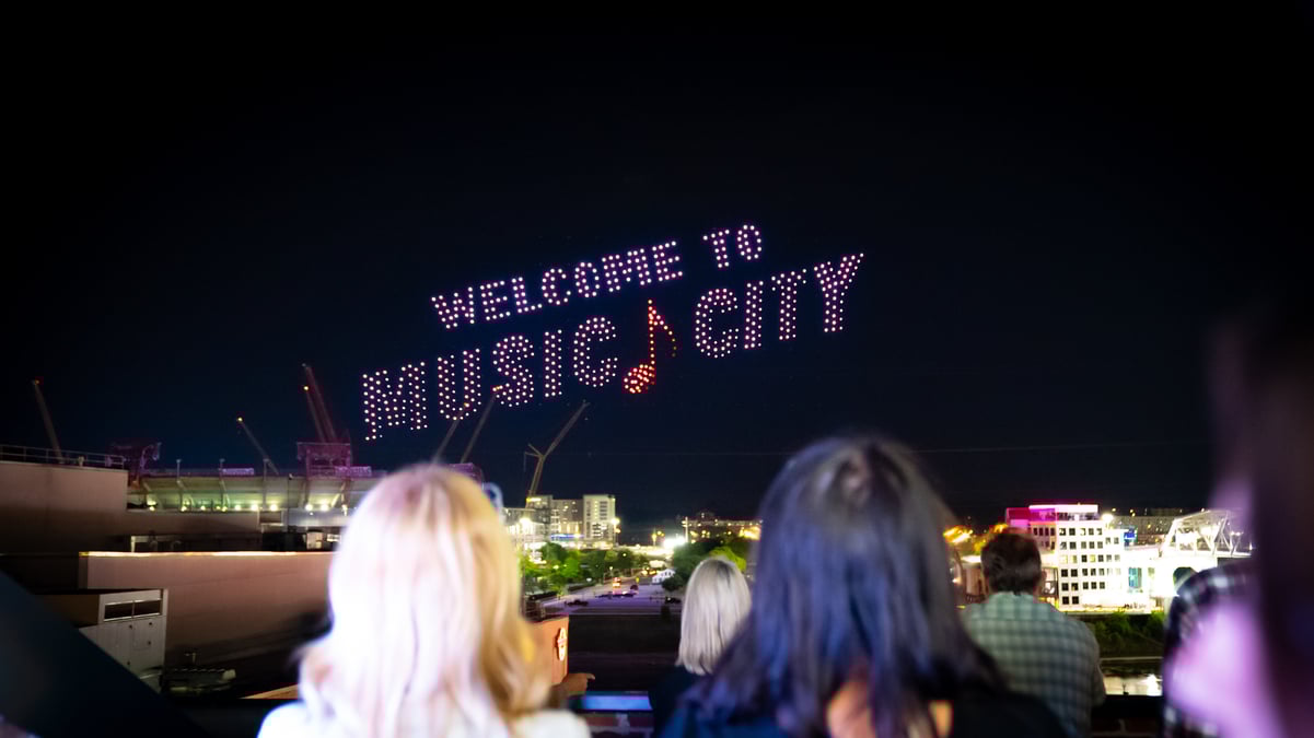 a drone show in Nashville Tennessee says Welcome to Music City