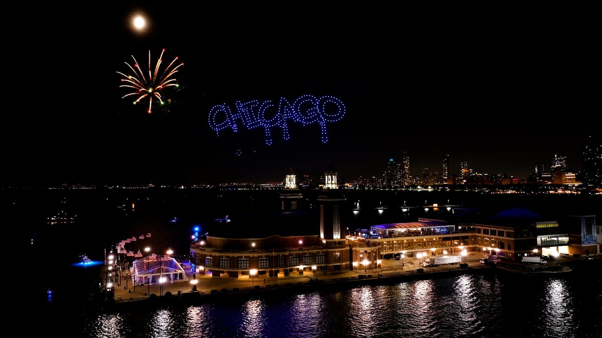 a drone show and fireworks show at navy pier