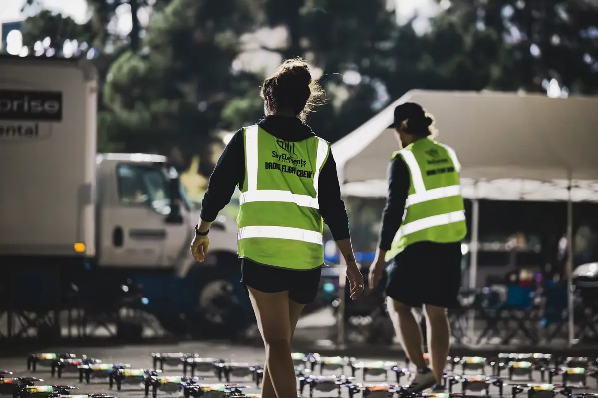 Sky Elements crew preparing drones before a show in Salt Lake City