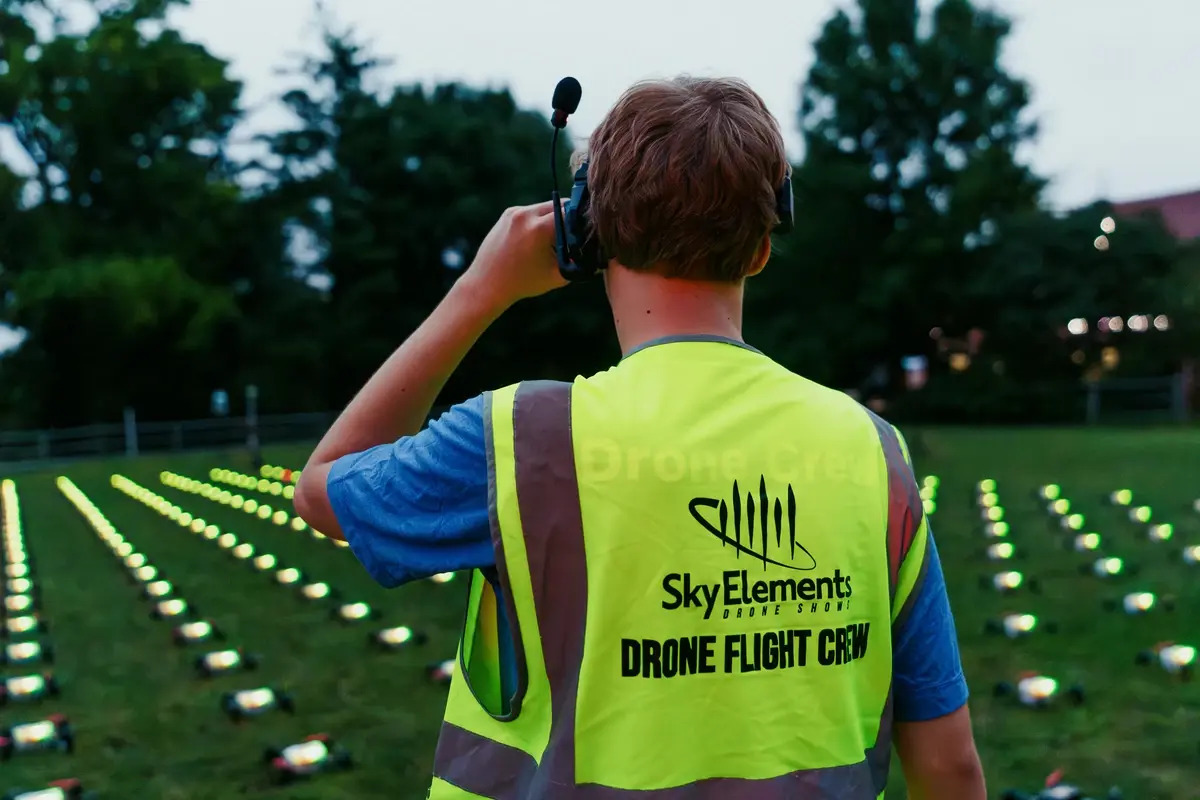 Sky Elements crew preparing drones before a show in San Antonio