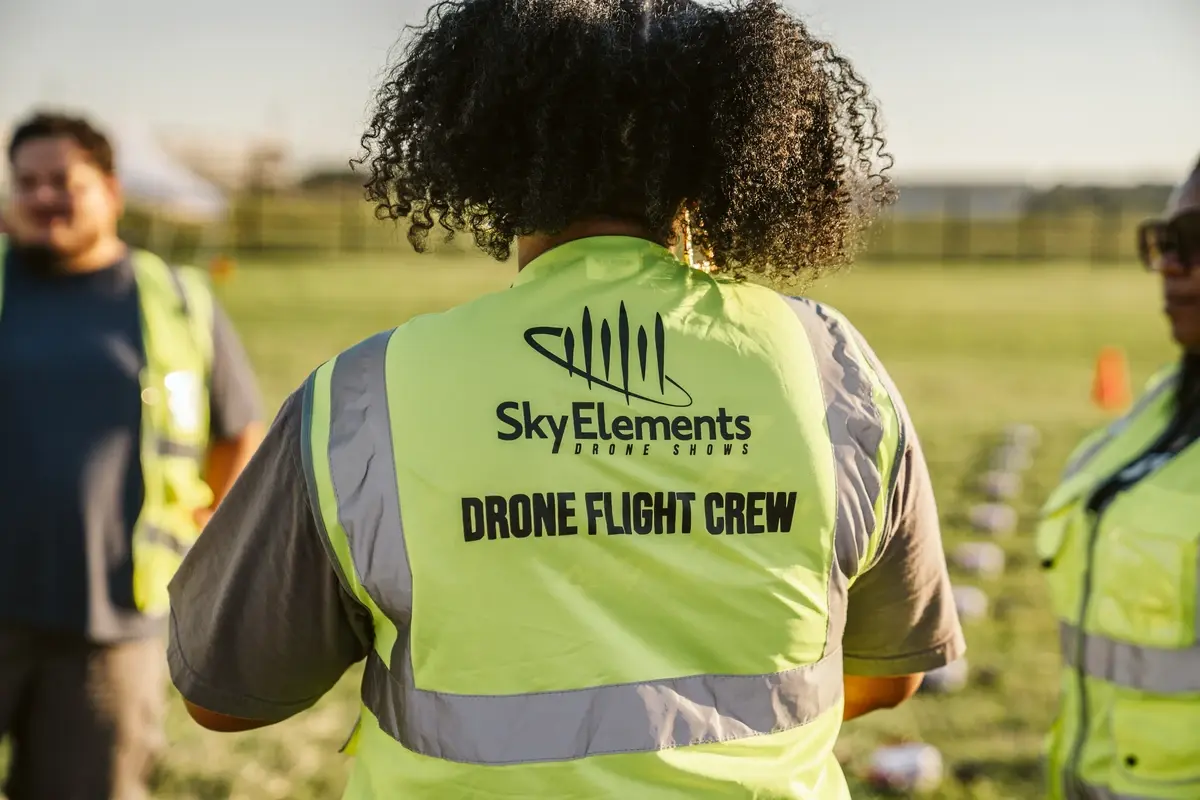 Sky Elements crew preparing drones before a show in San Jose