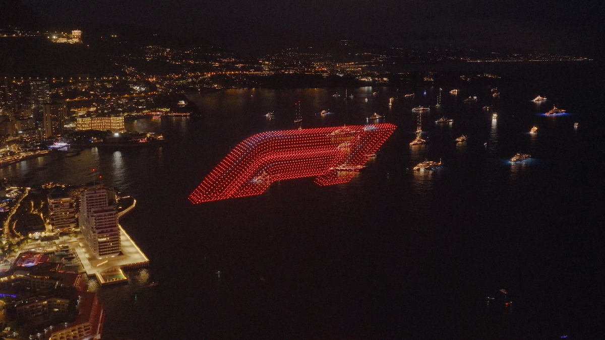 The Formula 1 logo rendered in drones, roughly 800 feet wide above Port Hercule in the Monaco harbour