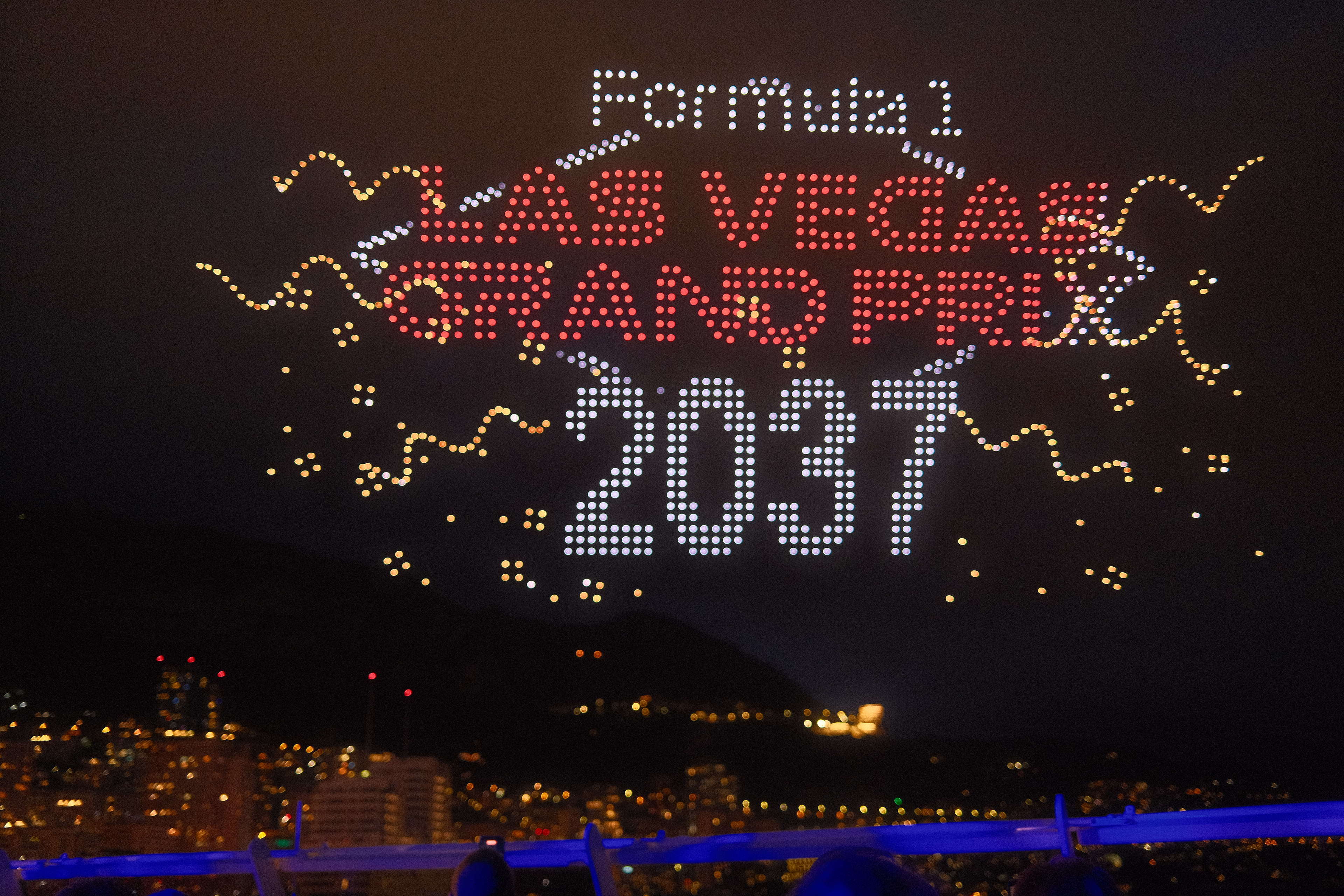 Formula 1 Las Vegas Grand Prix 2037 rendered in drone light over the harbour