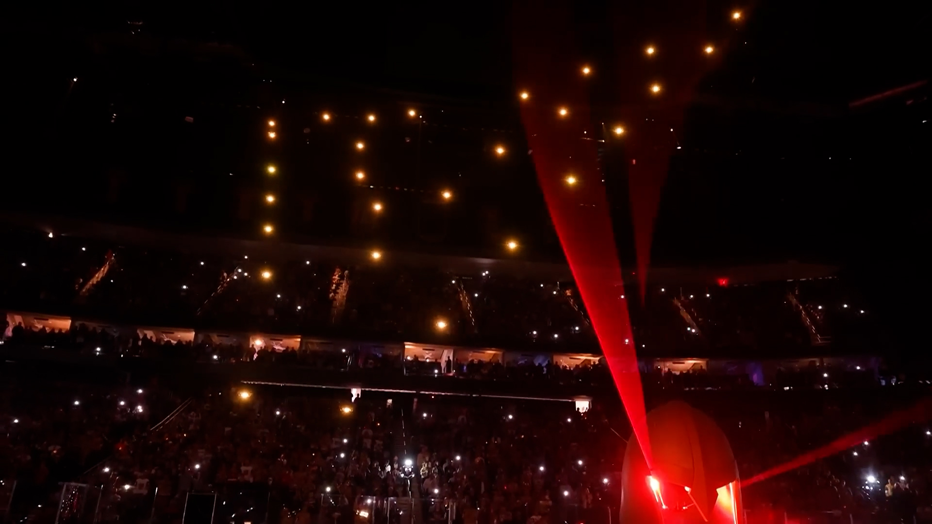 Warm drone formations above the Golden Knights helmet during the in-arena show