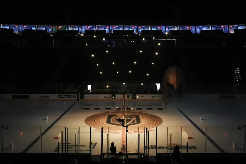 Golden Knights logo formed by drones over the ice in previsualization