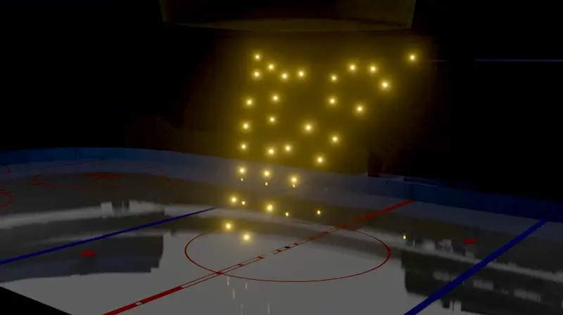 Previsualization of drones forming over the ice at the arena before showtime