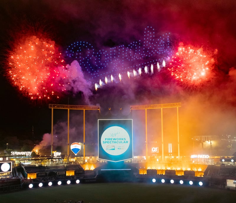 a drone show for the Kansas City royals shows the logo for the team