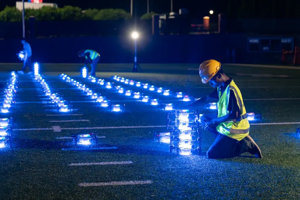 Sky Elements crew preparing drones before a show in Philadelphia