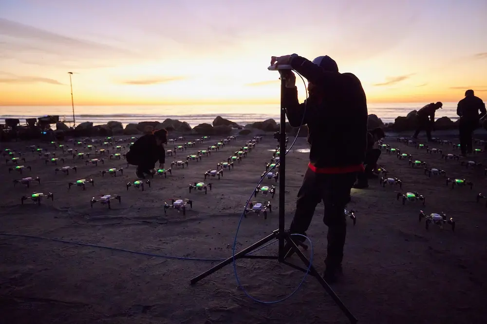 Sky Elements crew preparing drones before a show in San Francisco