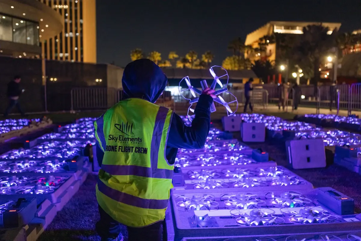 Sky Elements crew preparing drones before a show in Dallas