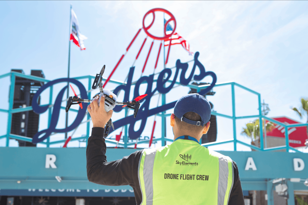 Sky Elements crew preparing drones before a show in Los Angeles