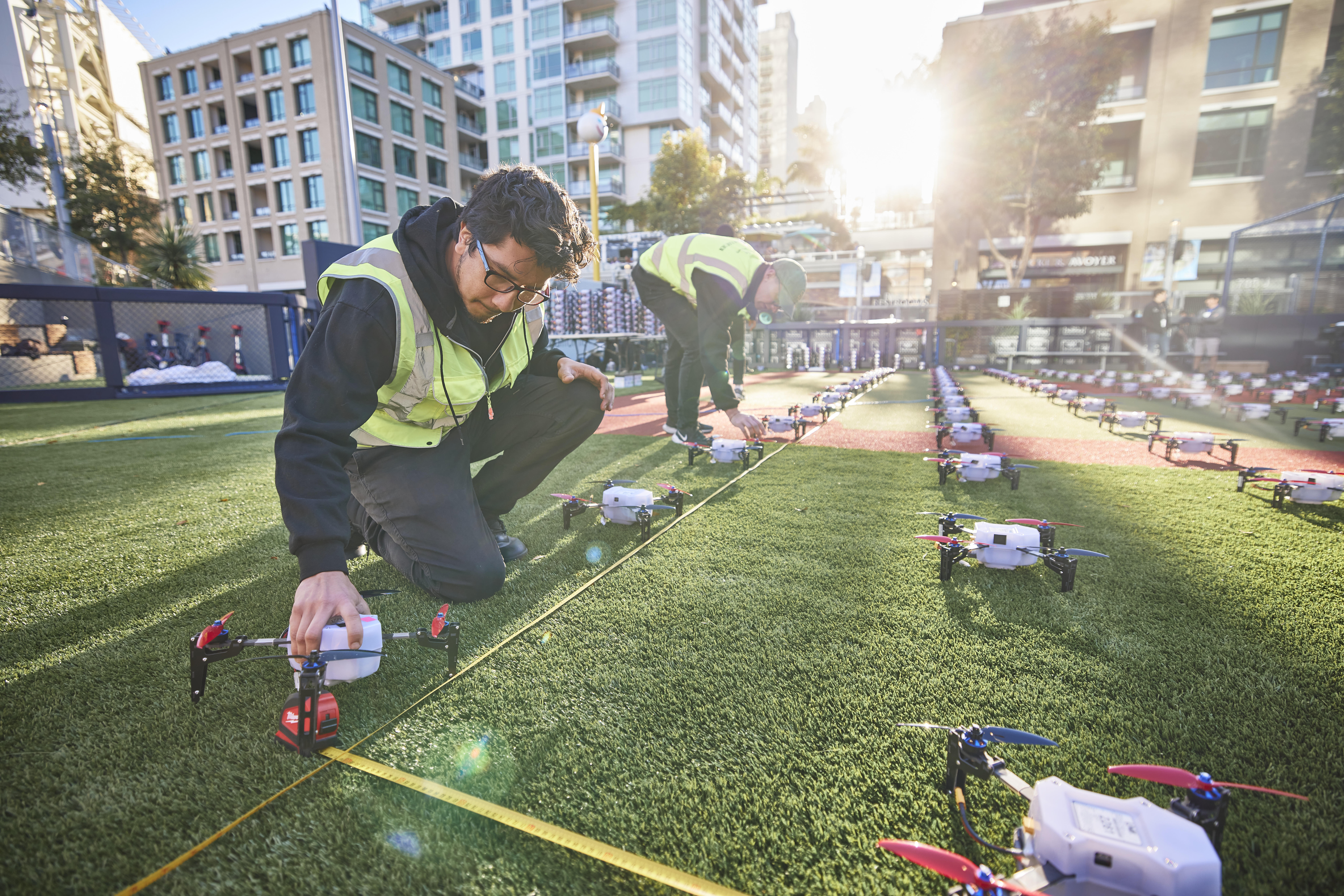 Sky Elements crew preparing drones before a show in Atlanta