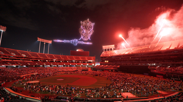 Darth Maul created with 500 drones over RingCentral Coliseum for the Oakland A's Star Wars night.