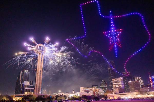 Texas in drones next to Reunion tower